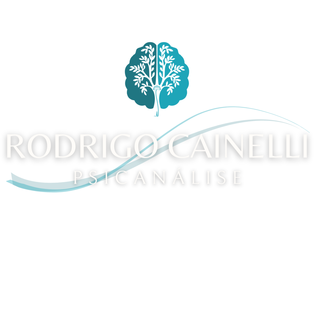 Logo do terapeuta trazendo o nome do terapeuta "Rodrigo Cainelli" com uma imagem acima, sendo esta a representação do cérebro visto de cima dividido em dois tons de verde. Uma árvore ocupa o centro do cérebro e ao centro da árvore encontra-se uma flor de lótus florescendo.