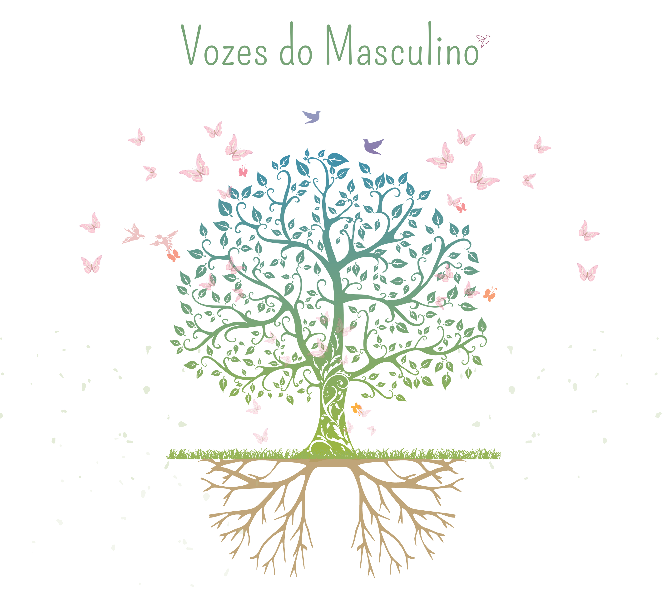 Logo utilizado para divulgação dos trabalhos realizados com os homens. Trata-se do desenho de uma árvore multicolorida com inúmeras borboletas e pássaros coloridos sobrevoando o topo. Suas raízes são aparentes. No topo da imagem consta um texto: Vozes do Masculino.
